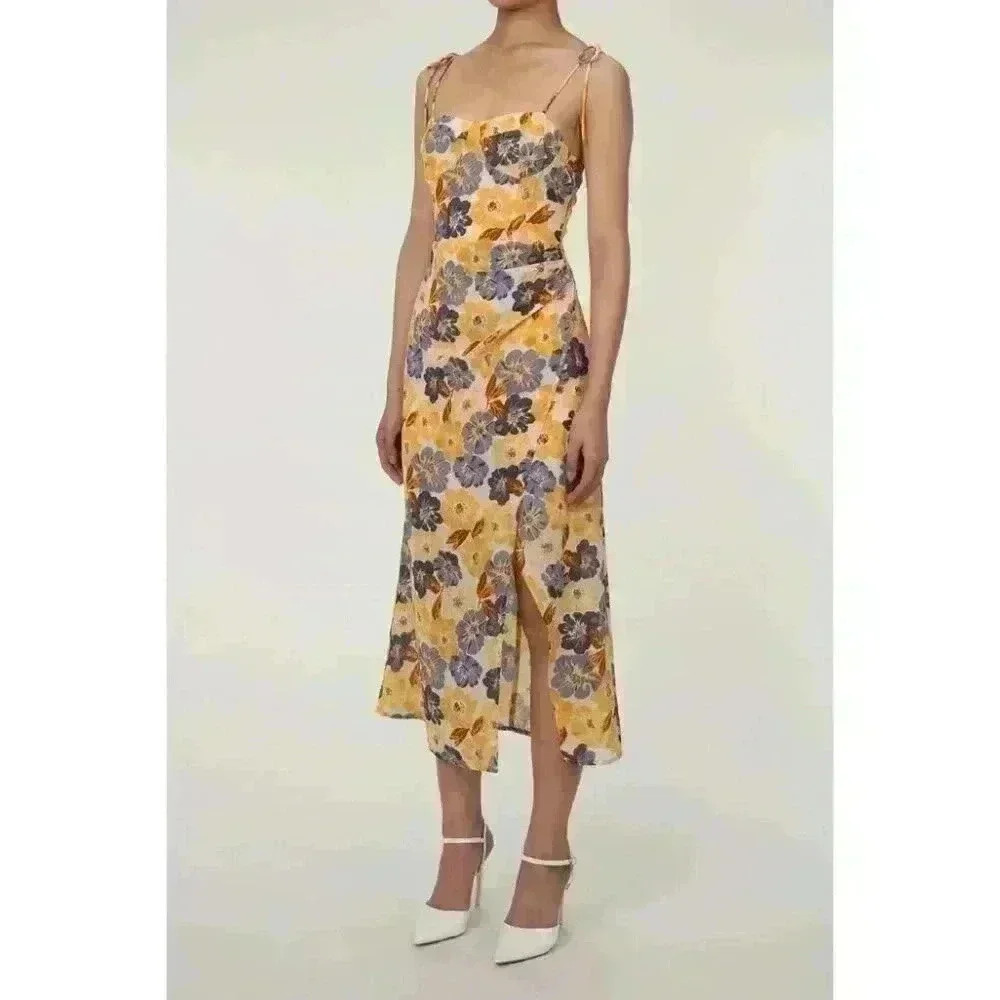 Tie Shoulder Bustier Smocked Split Floral Vacation Midi Slip Dress - Size M